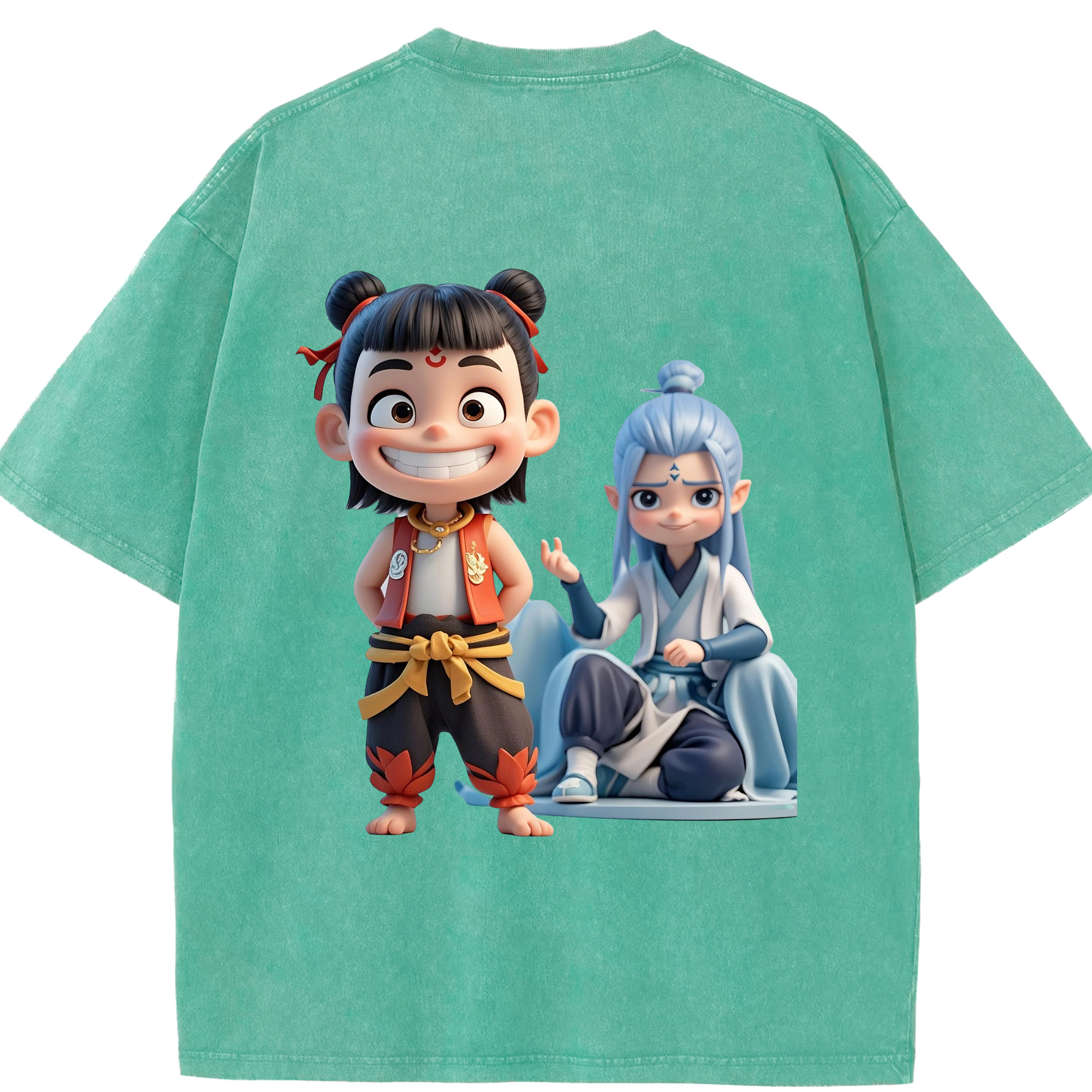 （画像用） Ne Zha 2 ナタ 魔童の大暴れ 綿100% ヴィンテージ風 半袖Tシャツ（背面プリント）